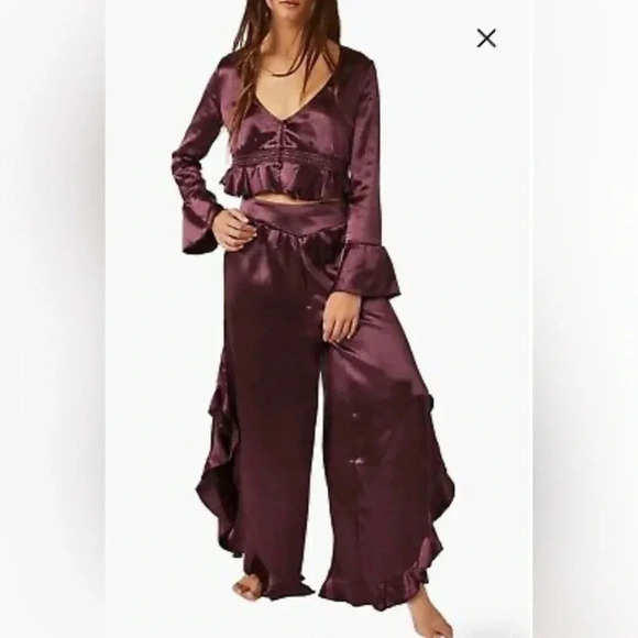 Free People Intimates Chasing Love Satin Ruffle PJ  Set - Picture 1 of 3